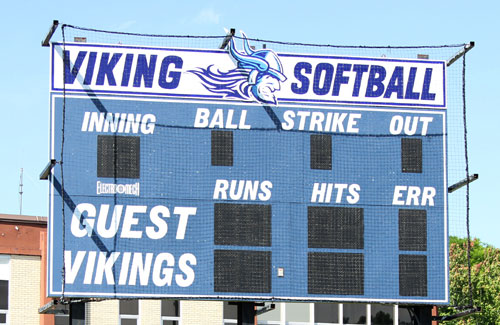 softball score board with viking logo