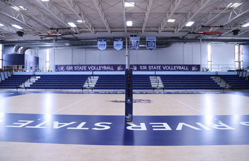 volleyball gym seating, navy colors, viking logo